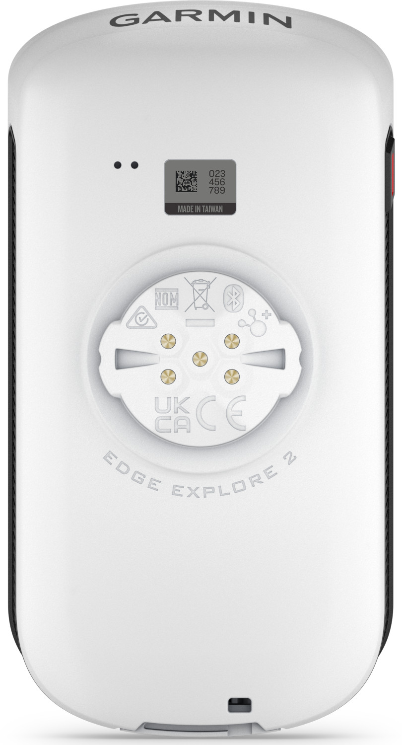 White Garmin Edge Explore 2, back view. Black and red accents. White background.