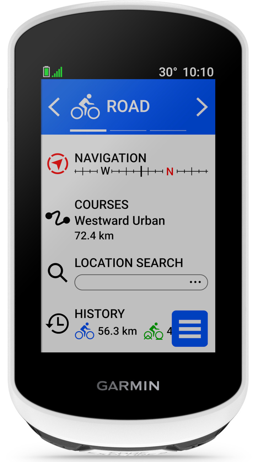 Garmin cycling computer screen showing navigation, courses, and other cycling data. White and black design.