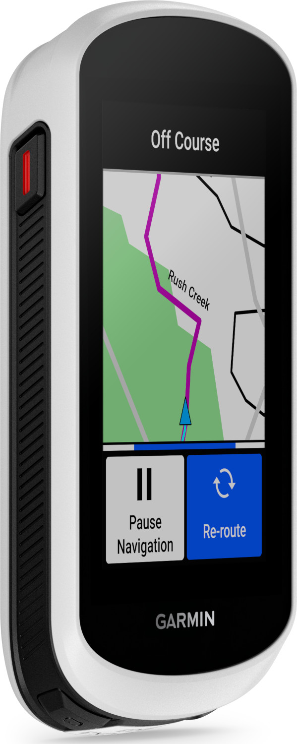 White Garmin GPS device showing a map with a purple route and navigation options.