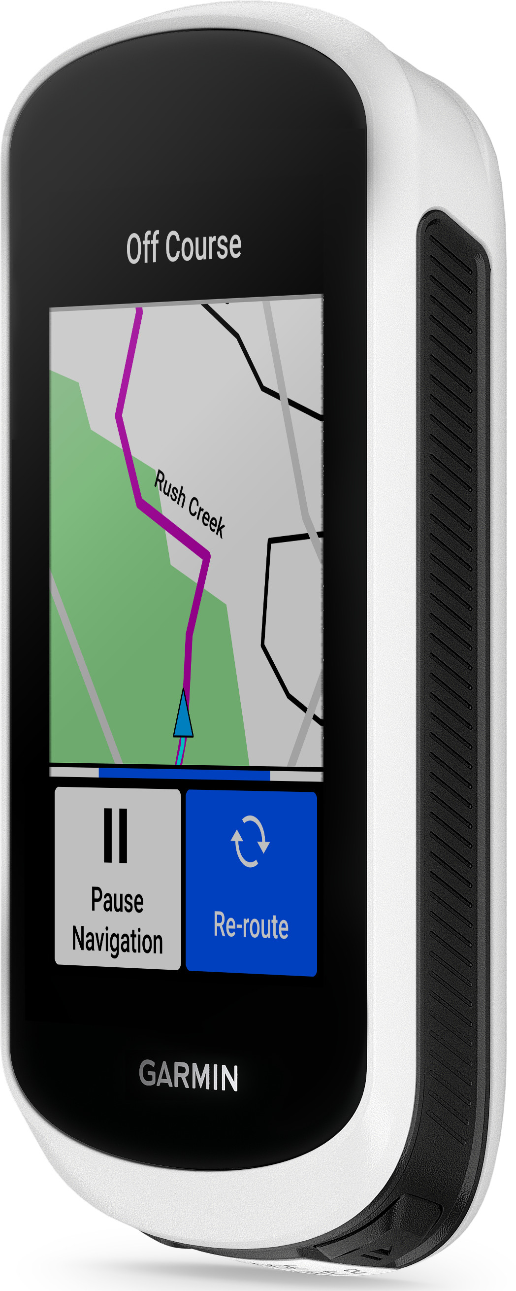Garmin GPS device with a map display and control buttons. White and black.