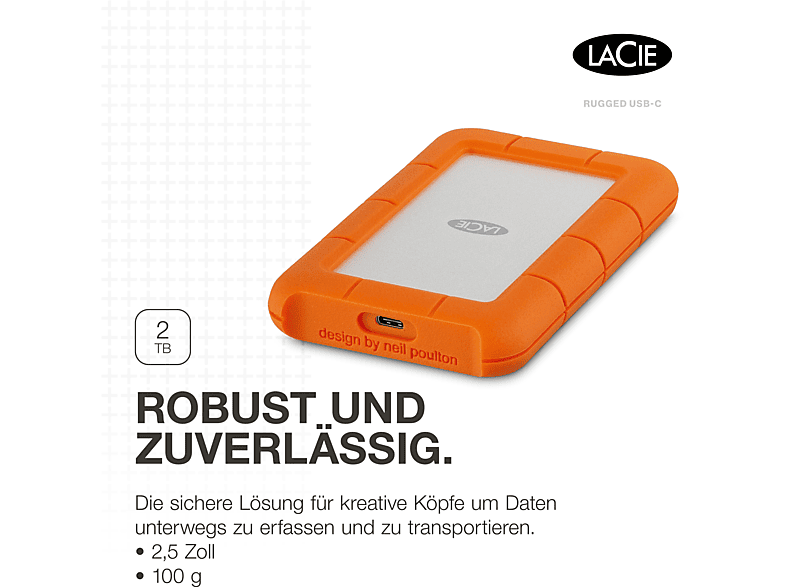 Thumbnail - LACIE Rugged USB-C Festplatte, 2 TB HDD, 2,5 Zoll, extern, Silber/Orange