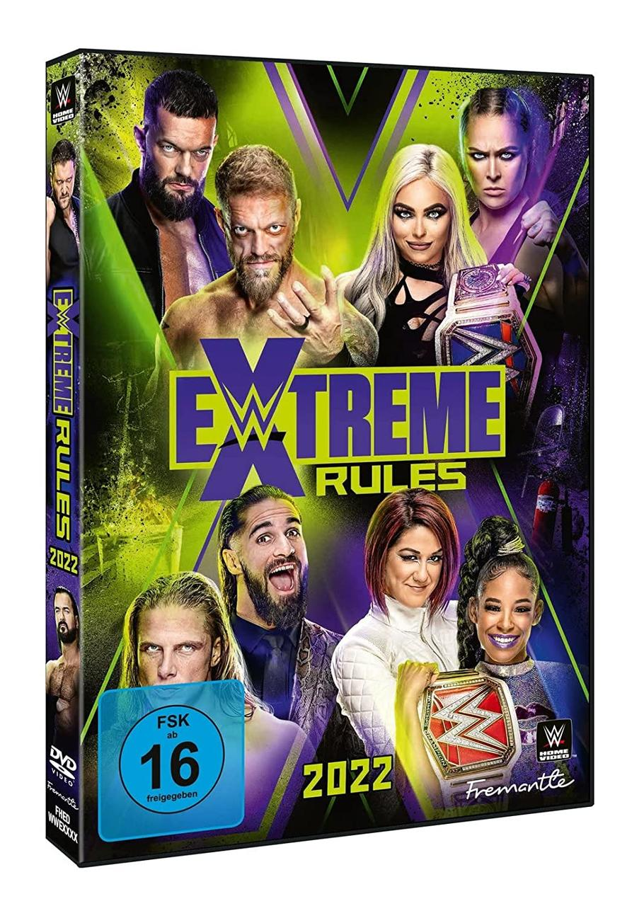 WWE Extreme Rules 2022 DVD-Cover. Wrestler sind darauf. Grün und Lila werden verwendet.