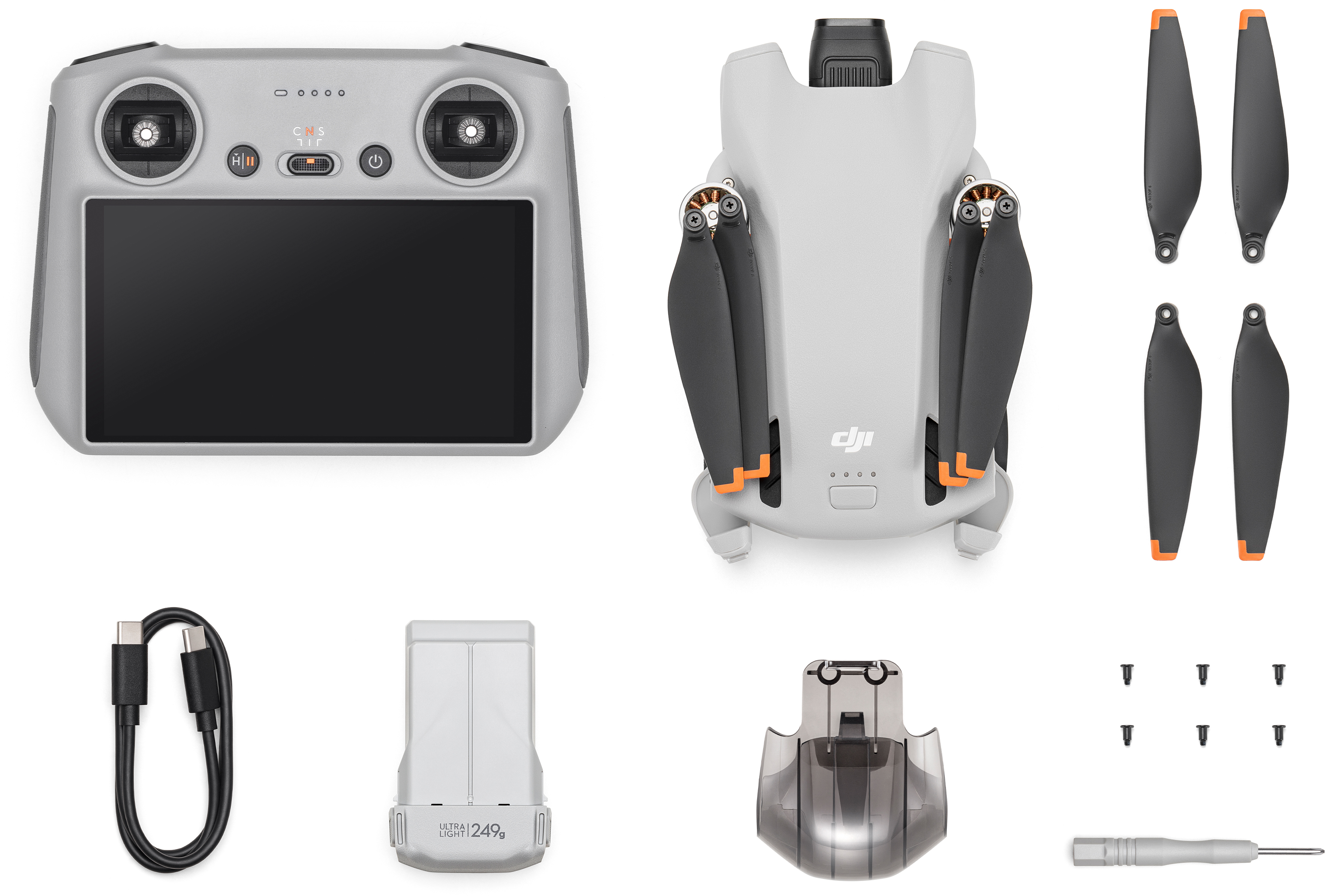 Drohne und ihre Komponenten auf weißem Hintergrund. Enthält Controller und Propeller.