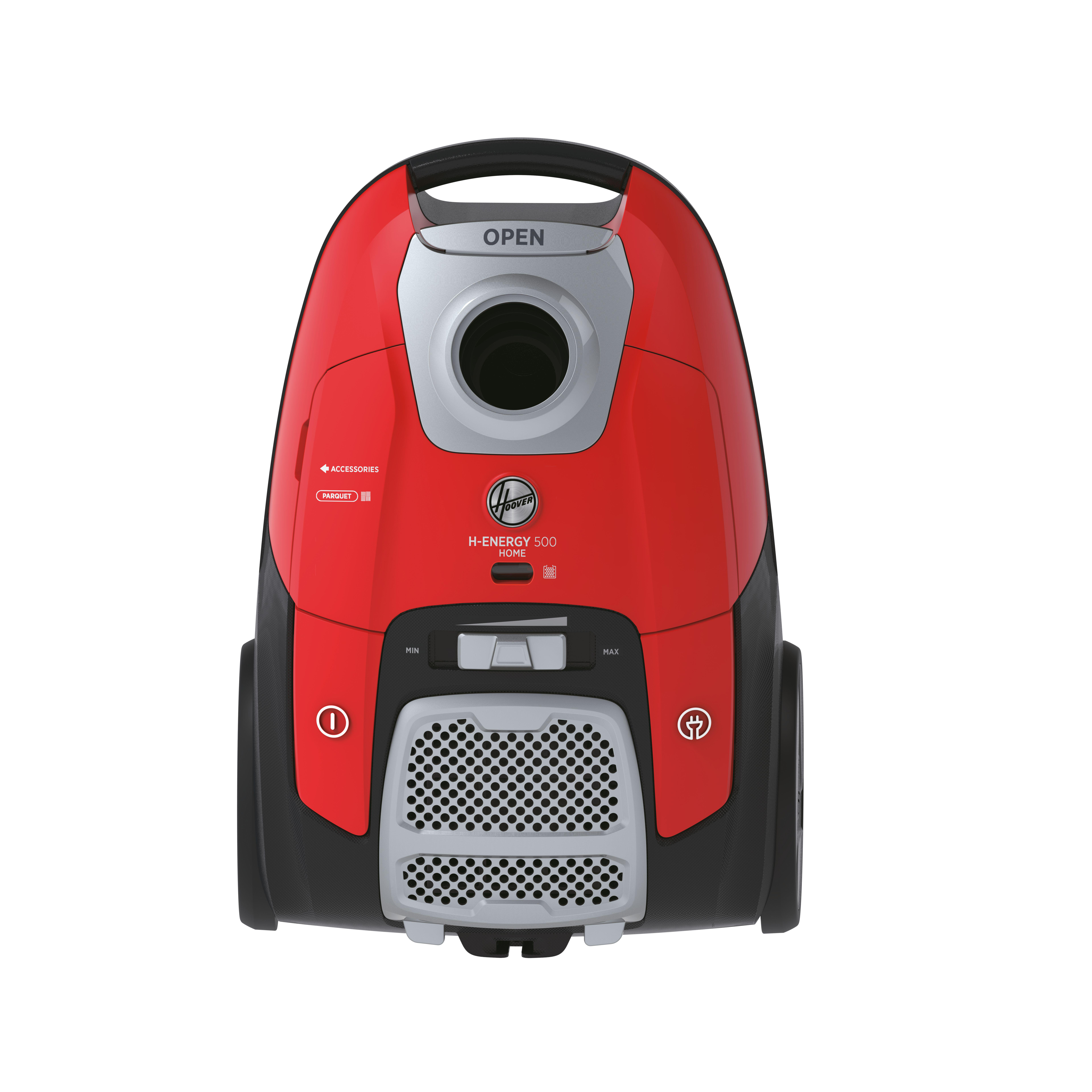 Roter Hoover H-Energy 500 Staubsauger auf weißem Hintergrund.
