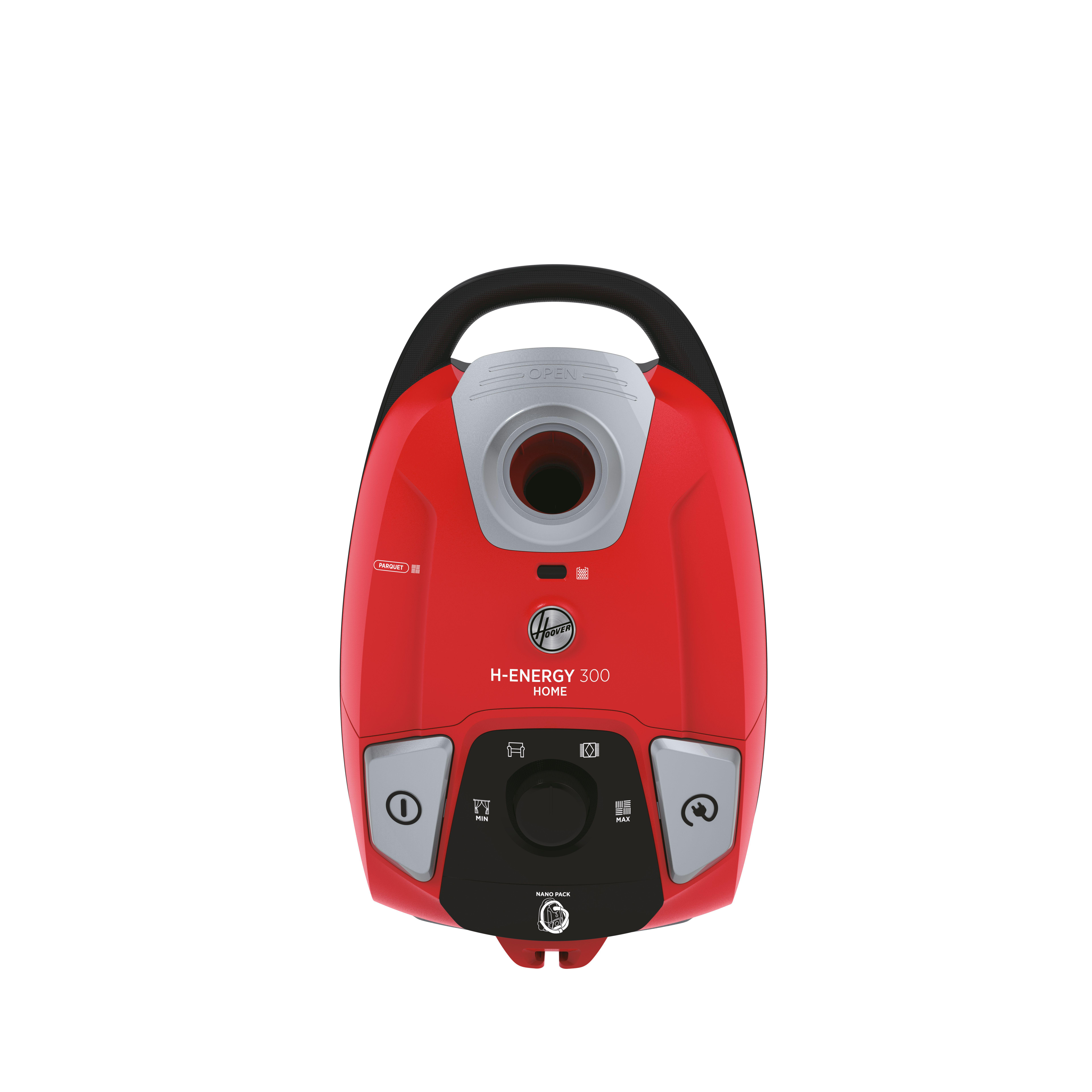 Roter Hoover-Staubsauger mit schwarzen Akzenten. Weißer Hintergrund.