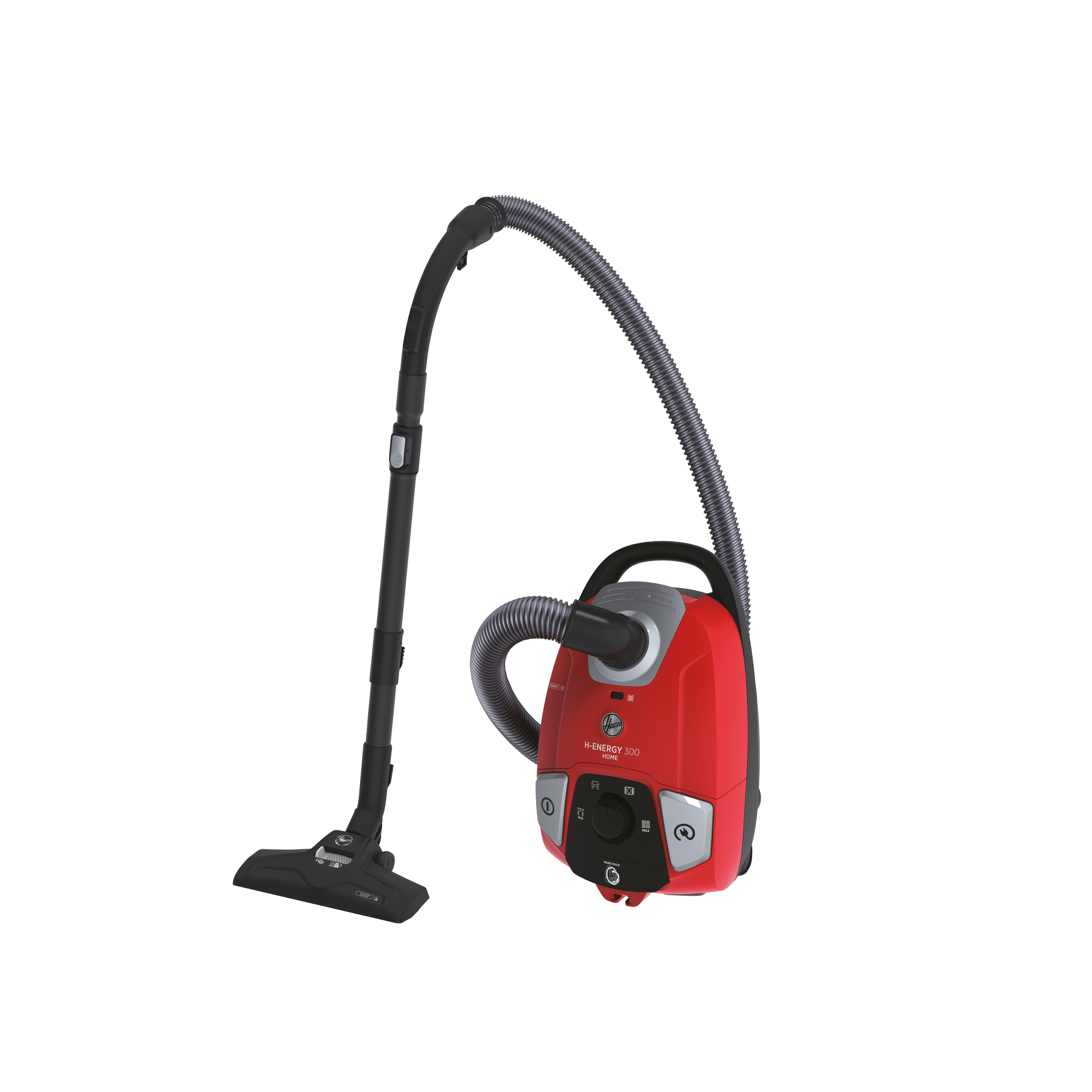 Roter Staubsauger mit schwarzem Griff und Schlauch. Es ist auf weißem Hintergrund.