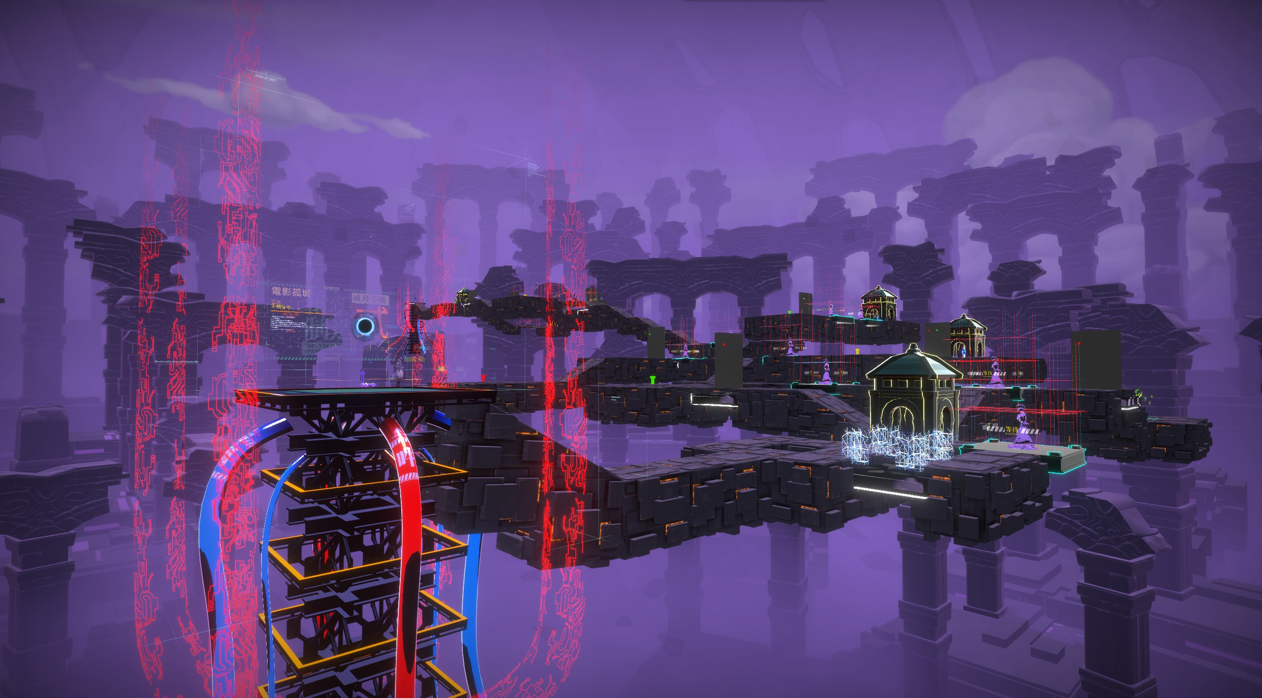 Città futuristica con piattaforme fluttuanti e linee di energia rosse, atmosfera viola.