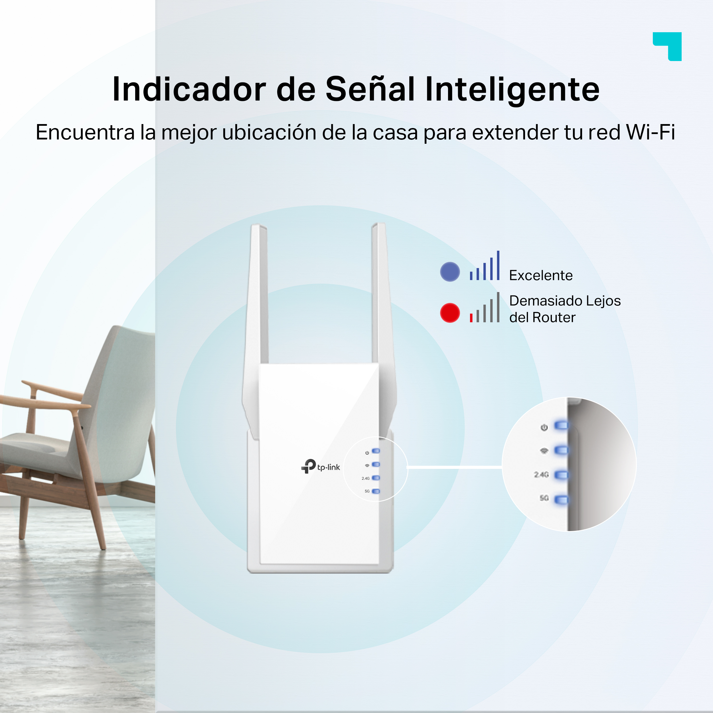 Router blanco con dos antenas, junto a una silla, mostrando indicadores de intensidad de la señal Wi-Fi.