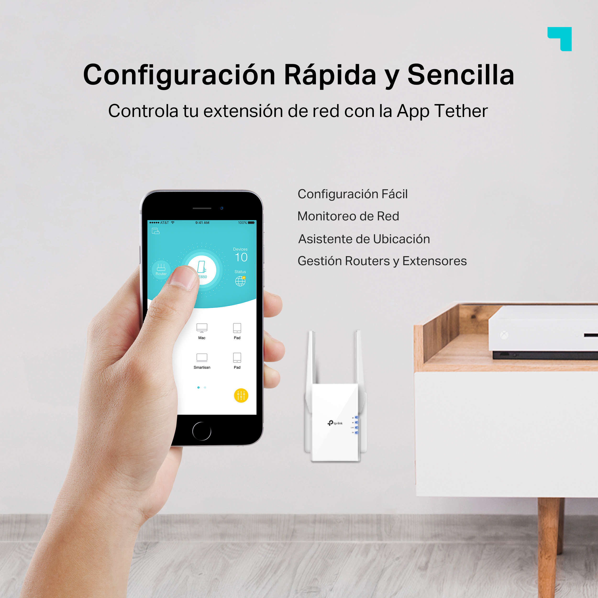 Una persona sosteniendo un teléfono, un extensor de red y texto en español sobre la configuración de la red.