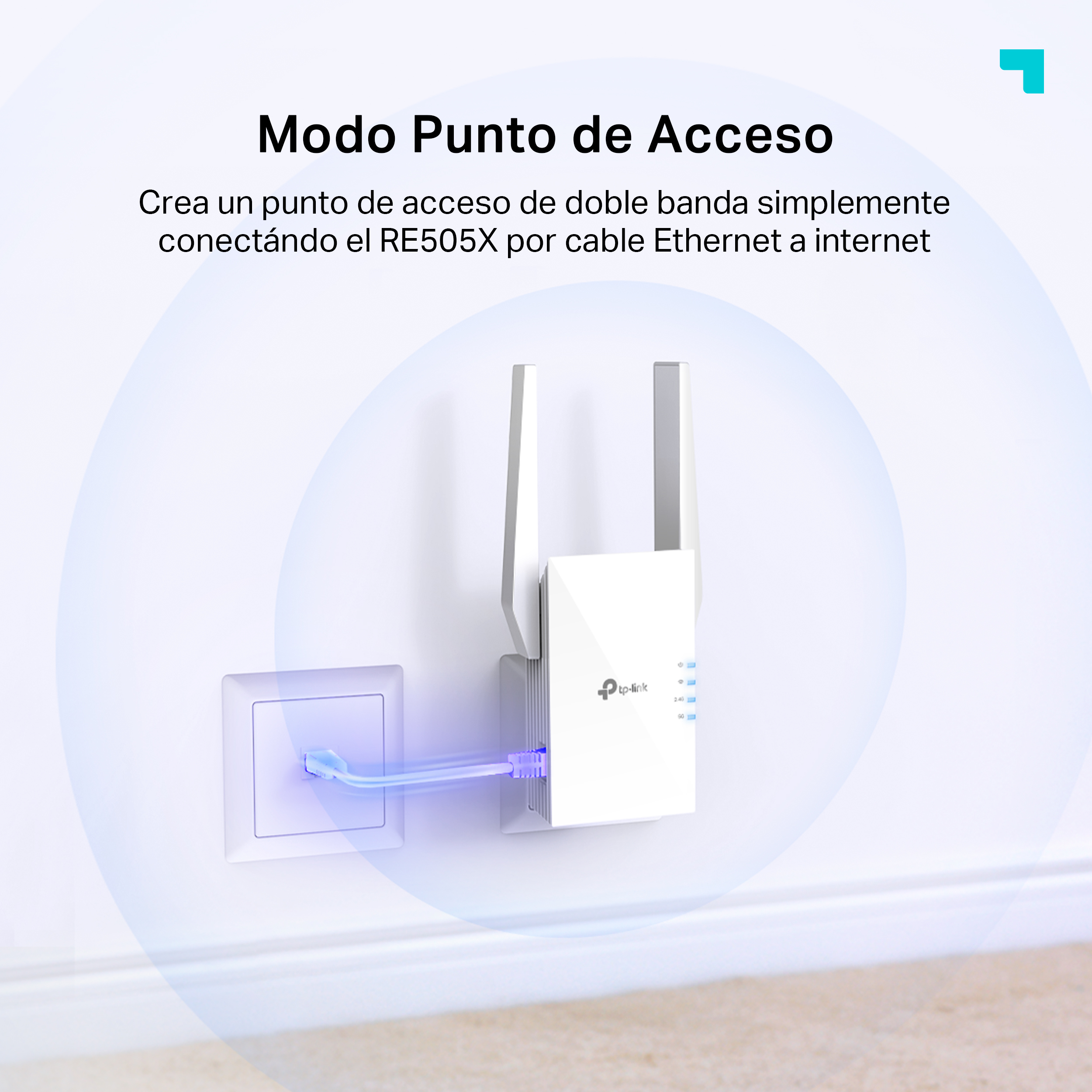 Un extensor de alcance WiFi blanco enchufado a una toma de corriente con luz azul y texto.