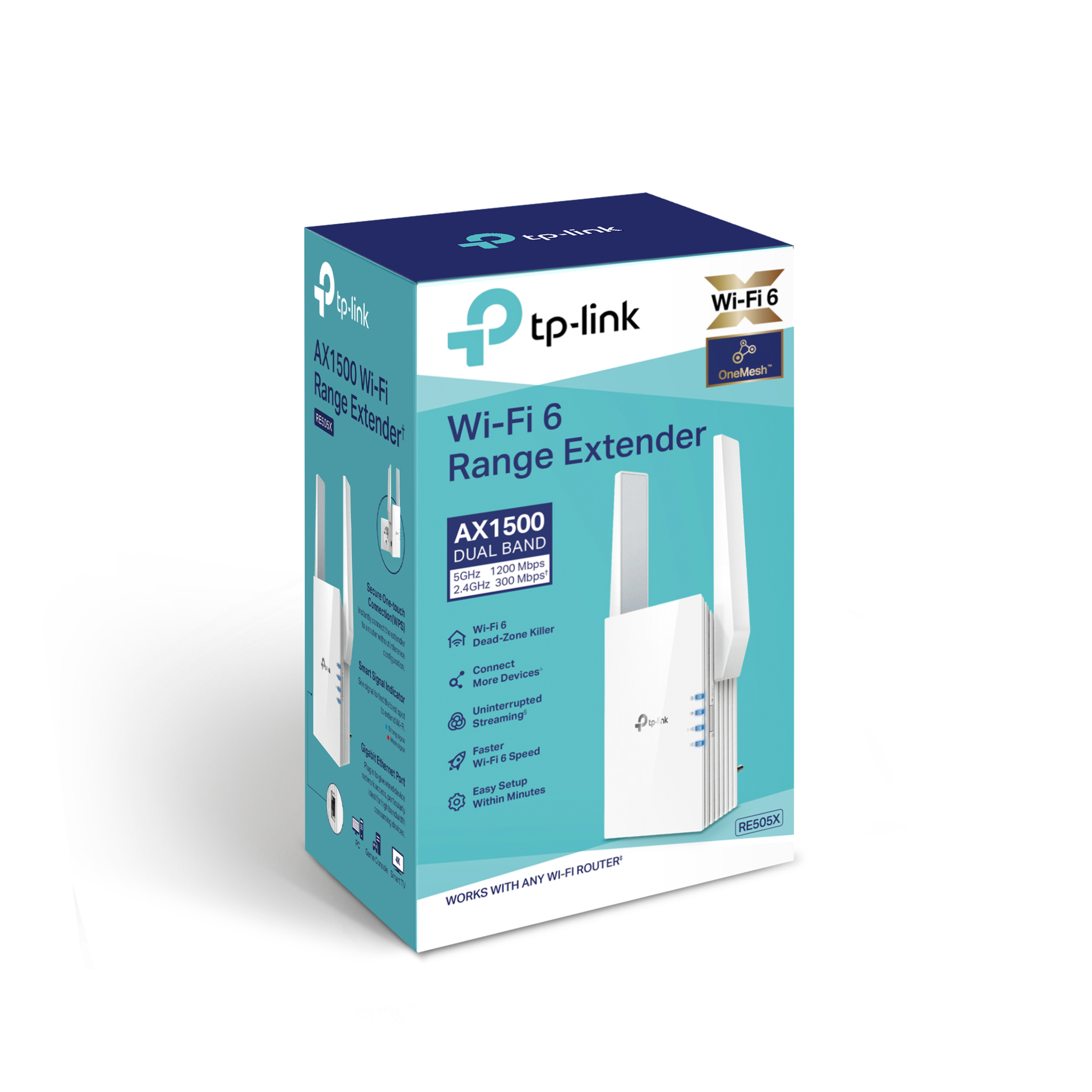 Caja del extensor de rango Wi-Fi 6. Tiene una imagen del extensor y sus características.
