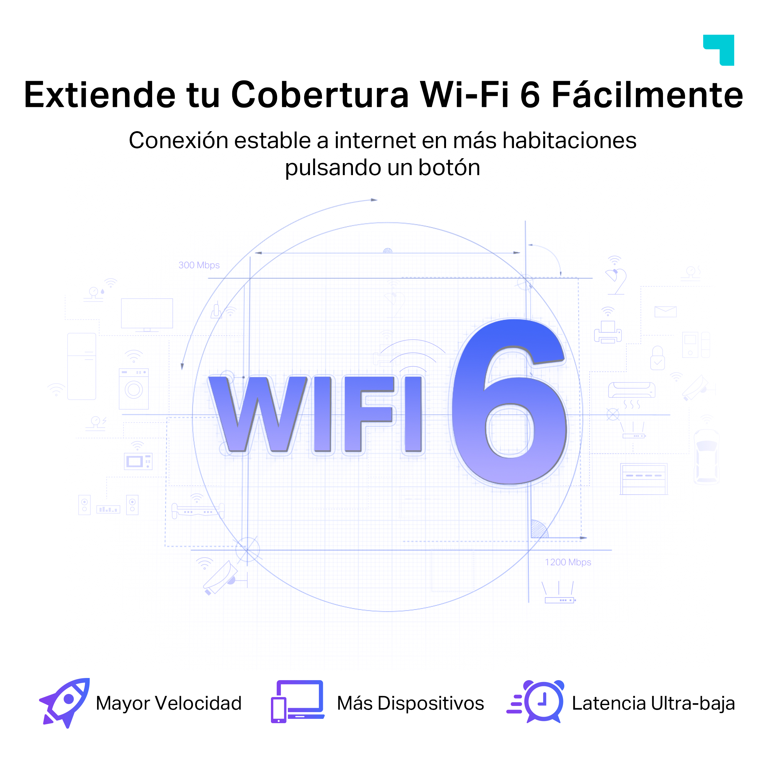 Diagrama que muestra el logotipo de WiFi 6 y características: Mayor velocidad, más dispositivos y latencia ultrabaja.