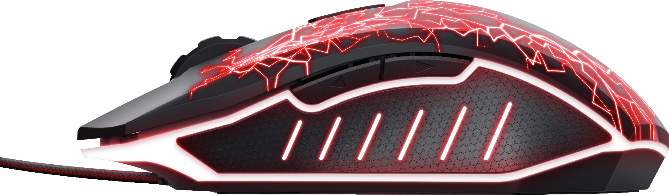 Un ratón para juegos con un diseño de relámpago rojo. Es negro con detalles rojos y un cable.