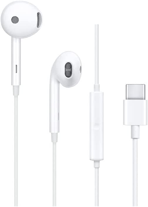 Auriculares blancos con micrófono y conector USB-C sobre fondo blanco.