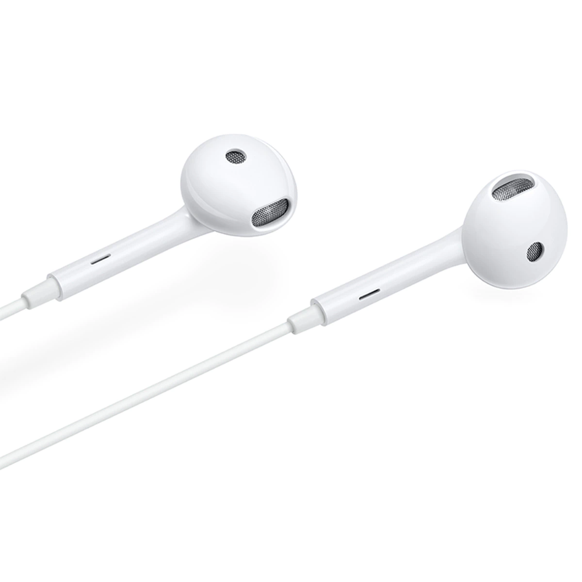 Auriculares blancos con un diseño elegante, inclinados hacia el espectador.