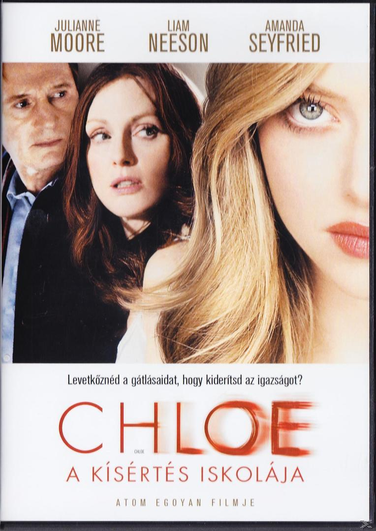 A Chloe című film DVD-borítója, Julianne Moore, Liam Neeson és Amanda Seyfried színészekkel.