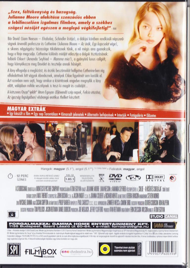 A 'Chloe' című film DVD borítója, egy nőt és idegen nyelvű szöveget mutat.
