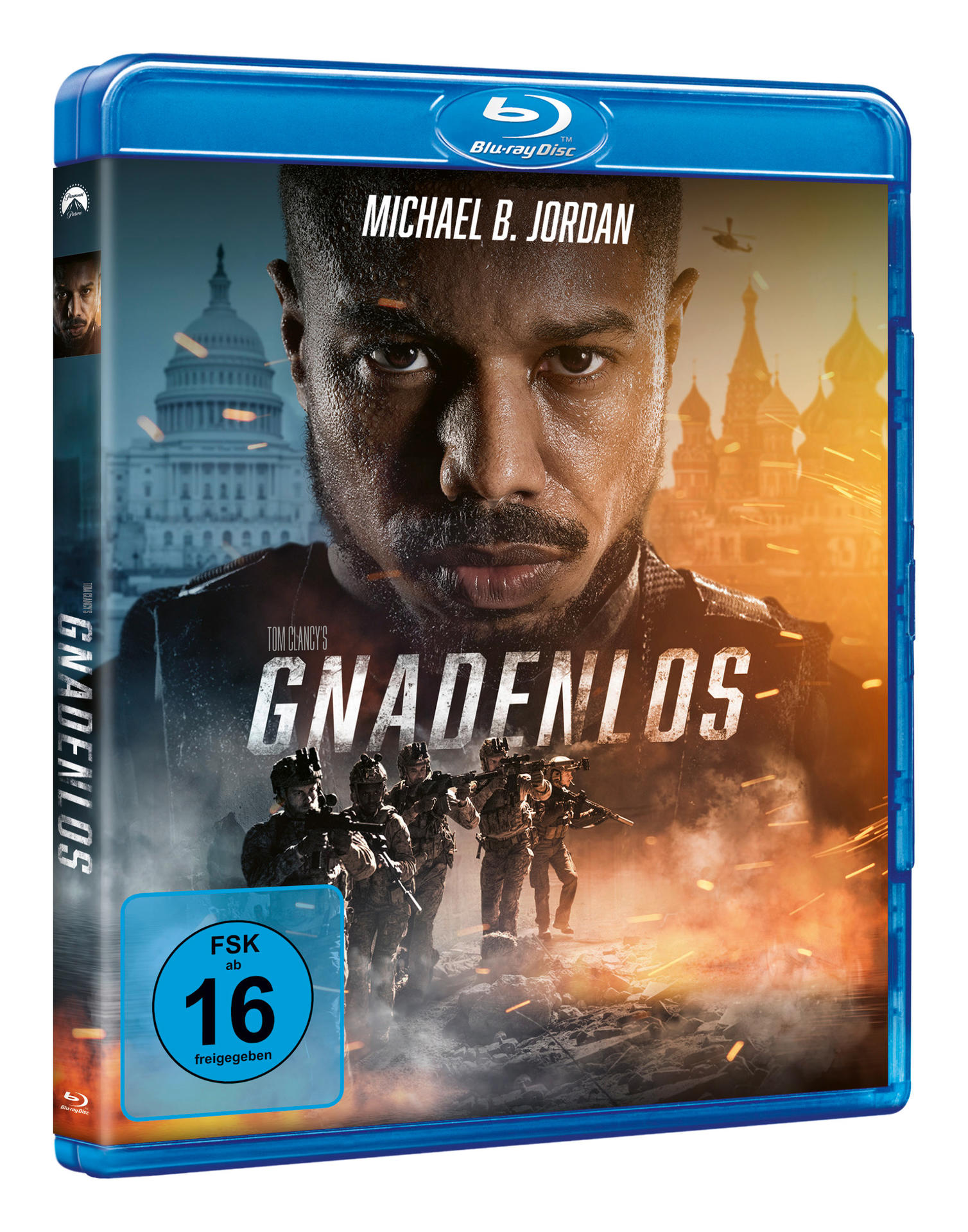 Blu-ray-Disc-Hülle mit Michael B. Jordan, Feuer und Soldaten. Der Film heißt 'Gnadenlos'.