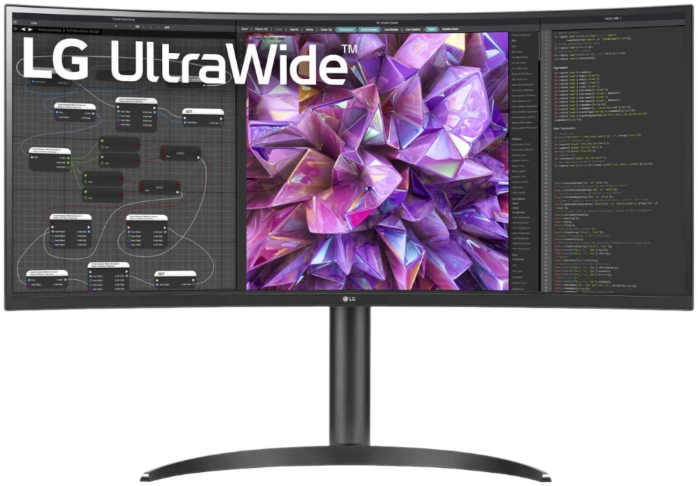 Moniteur LG UltraWide. Affichage de code, graphiques et une image de cristal abstraite colorée.