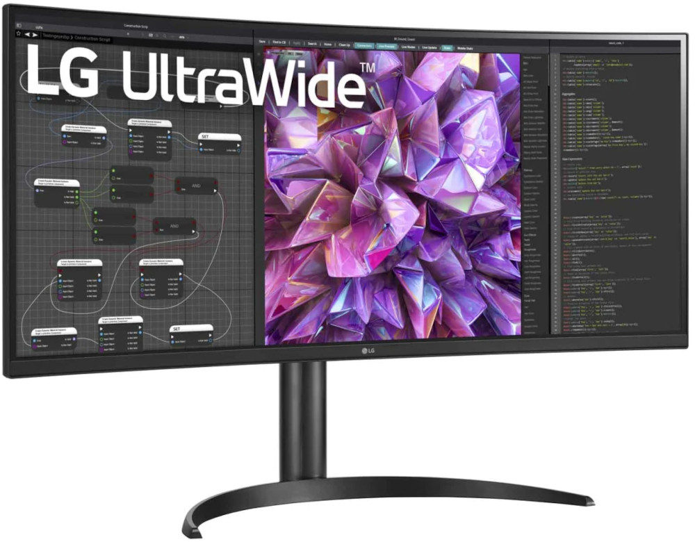 L'écran LG UltraWide affiche trois fenêtres : des diagrammes, un résumé violet et du code.