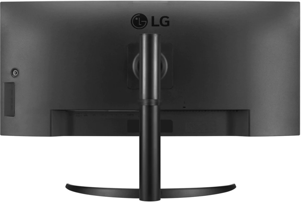 Moniteur LG noir, vue arrière, avec support. Affiche les ports et la connexion du support.