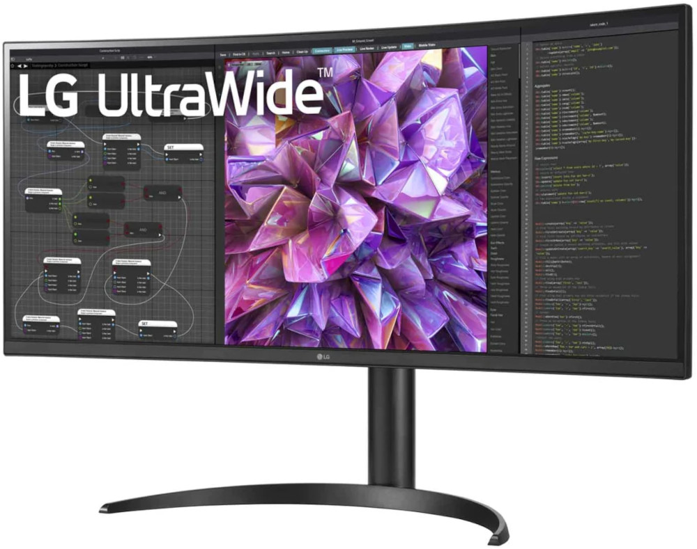 Moniteur UltraWide affichant un graphique en cristal et des blocs de code. Support et cadre noirs, logo LG.