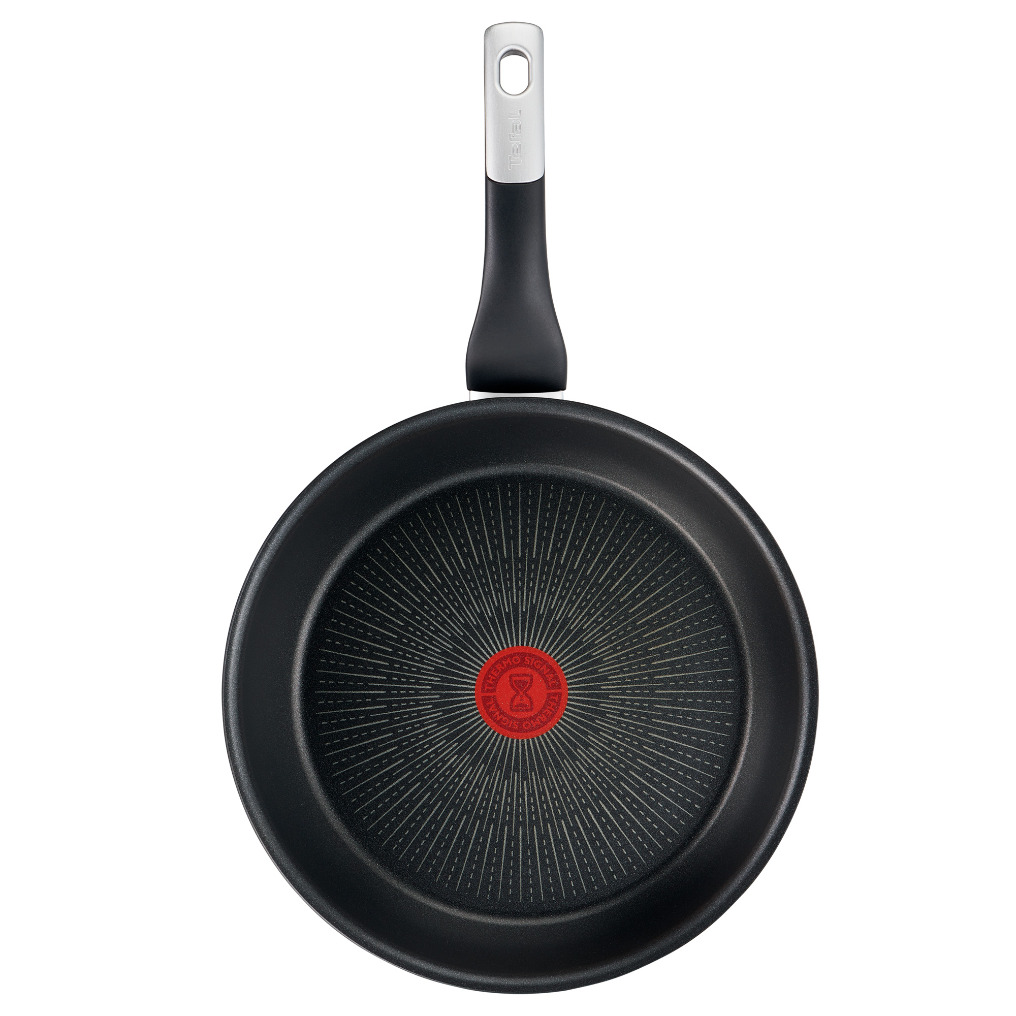 Sartén negro con mango negro y un logotipo rojo y plateado en el centro.