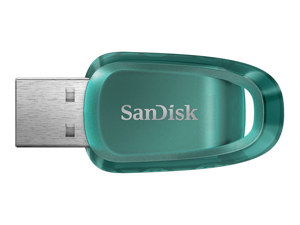 Ein türkisfarbener SanDisk USB-Stick auf weißem Hintergrund.