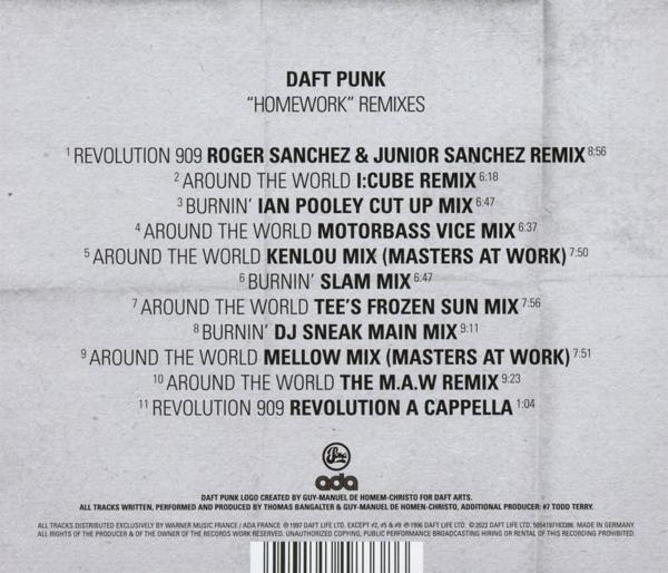 CD tok hátlapja. A szöveg felsorolja a Daft Punk 'Homework Remixes' számait.