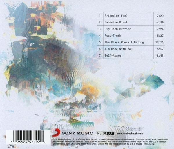 Dos de CD avec art abstrait et liste des titres. Texte blanc sur fond bleu-gris.