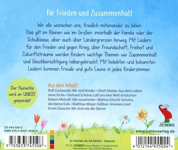 Rückseite einer Kinder-CD, mit Text und Illustrationen von Blumen und Kindern.