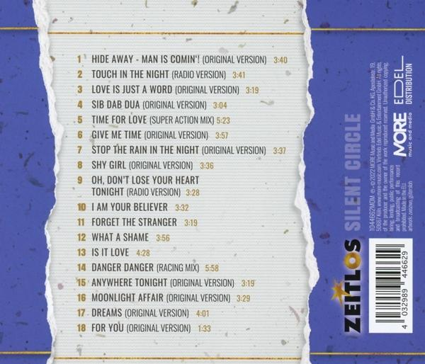 Rückseite des Silent Circle CD-Covers mit Titelliste. Lila und weißes Farbschema.