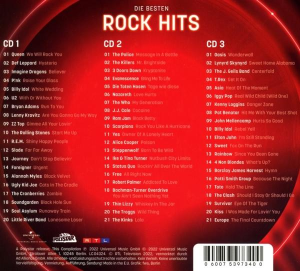CD-Cover mit dem Titel 'Die Besten Rock Hits'. Listet drei CDs mit Songtiteln und Künstlernamen auf.