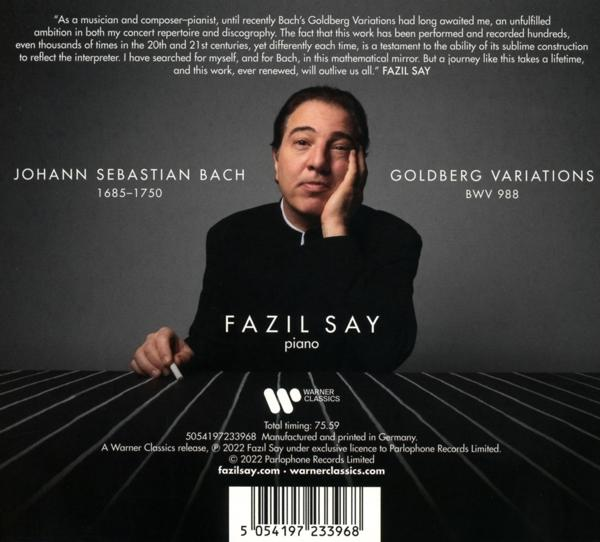 Albumcover von Fazıl Say, mit Foto und Text über Johann Sebastian Bachs Goldberg-Variationen.