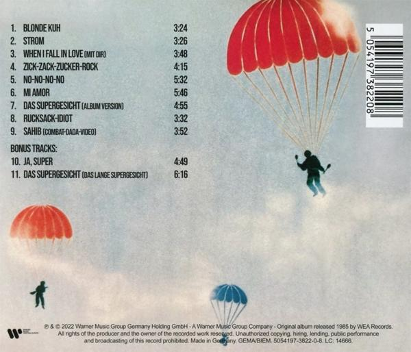 CD-Cover Rückseite. Silhouetten von Leuten mit Fallschirmen, Titelliste und Text auf Deutsch.