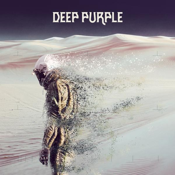 Egy űrhajós űrhajós ruhában részben szétesik egy sivatagi tájon. A "DEEP PURPLE" szavak felül láthatók.