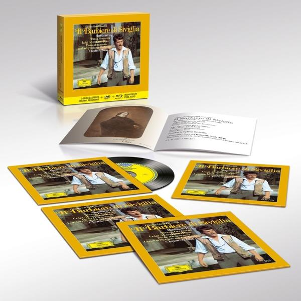Coffret avec des DVD, un disque vinyle et un livret. Schéma de couleurs jaune et blanc.