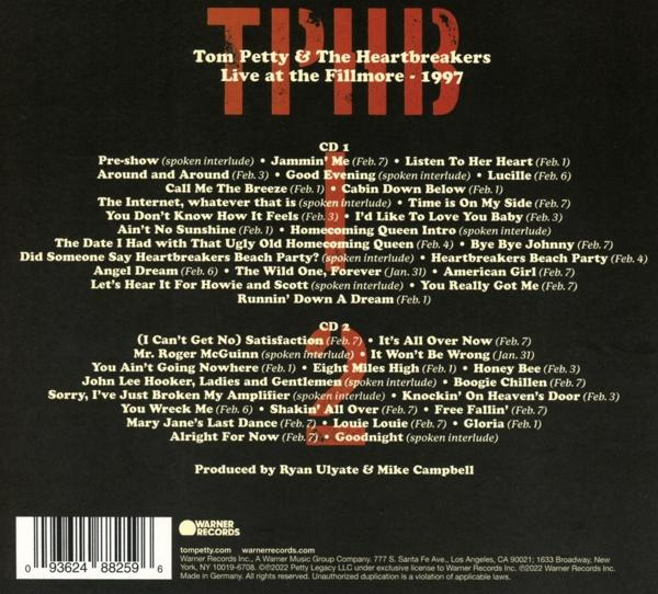 Dos de l'album avec liste des titres, crédits et logo de Tom Petty & The Heartbreakers Live at the Fillmore.