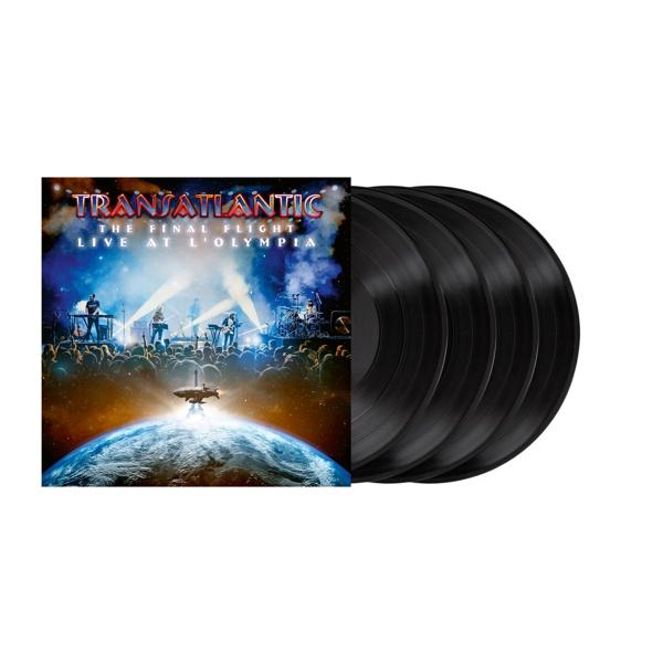 Albumcover mit Band Transatlantic und Schallplatten. Bühne, Band und Erdbild. Weißer Hintergrund.