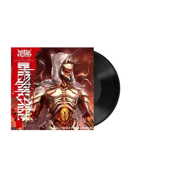 Vinylplatte und Albumcover. Das Albumcover zeigt eine skelettartige Figur in Weiß und Rot, dunkler Hintergrund.