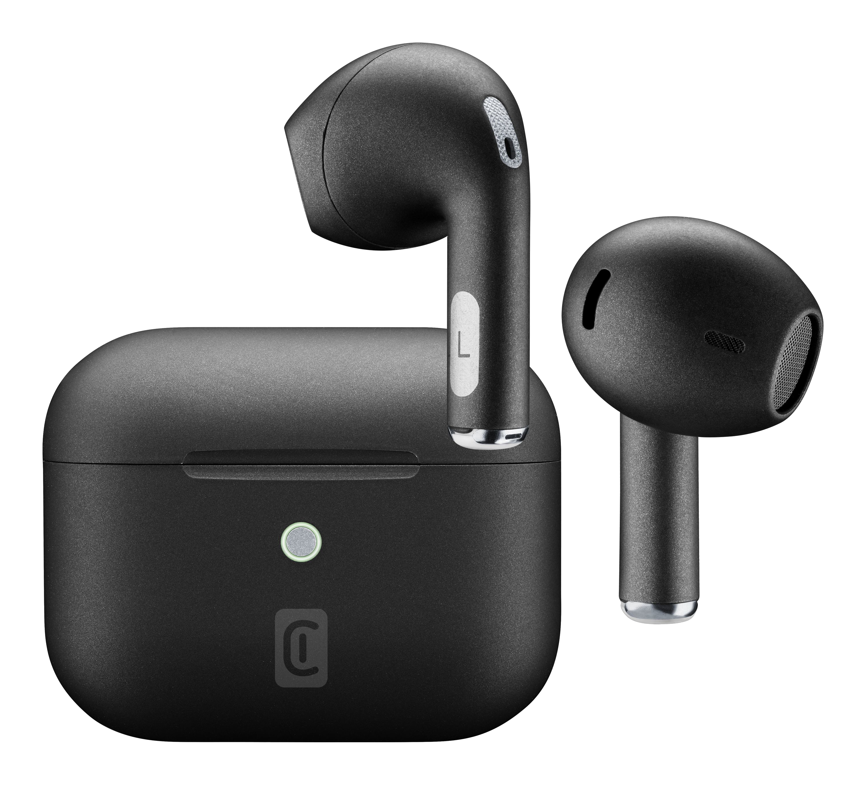 Siyah kablosuz kulaklıklar kutuda. Bir kulaklık dışarıda. Siyah arka plan.