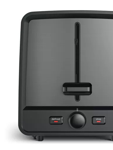 Black toaster with two slots. Defrost and stop buttons. Close-up view. White background.
