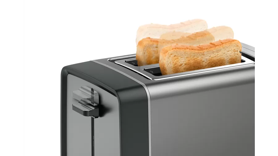 Toaster with two slices of toasted bread popping up. Gray and black color scheme.