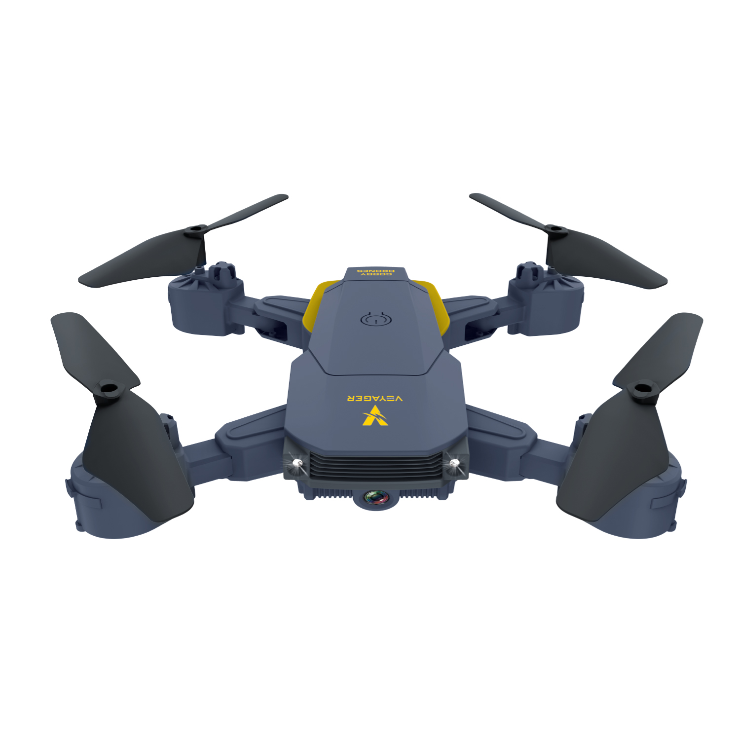 Dört pervaneli ve kameralı mavi ve sarı drone.