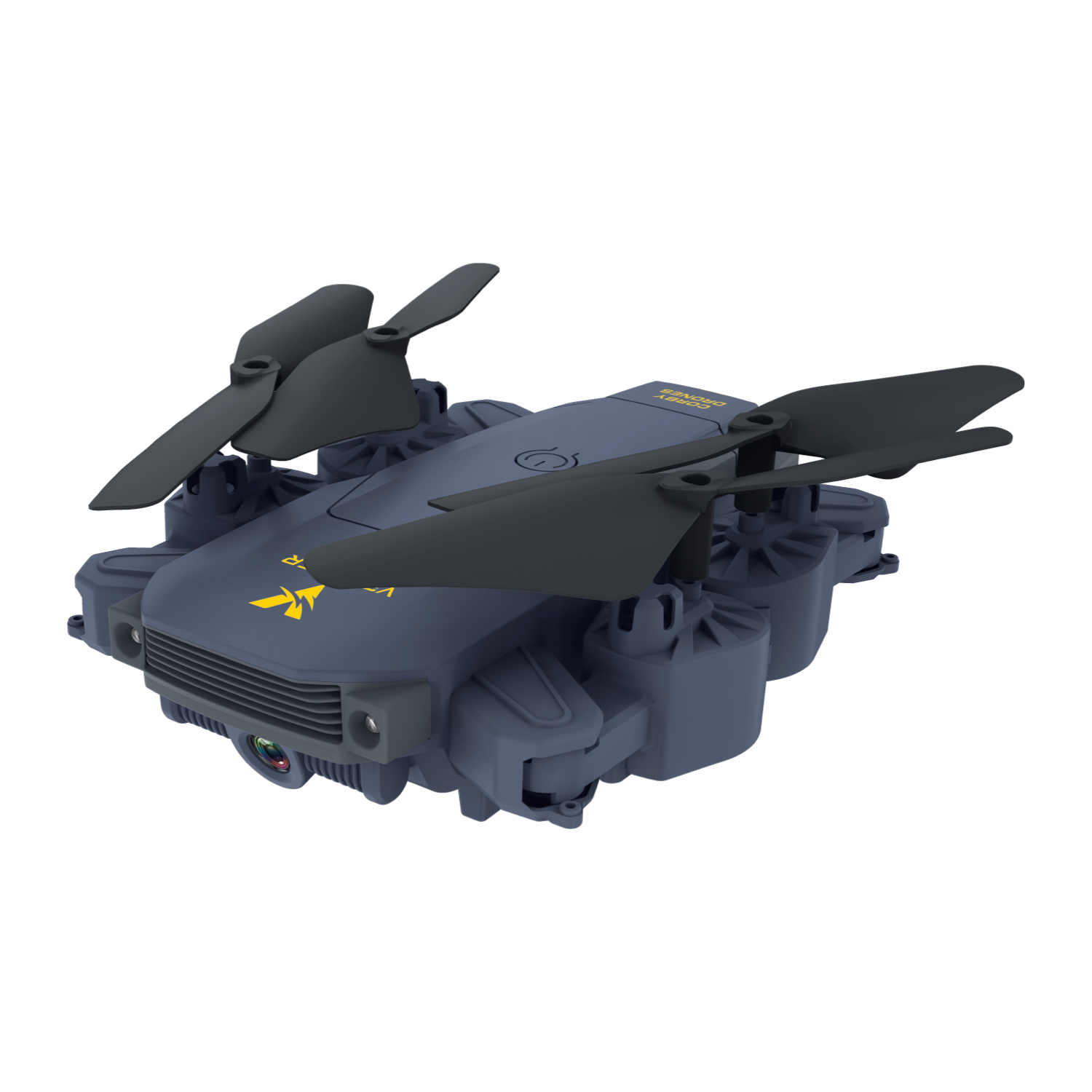 Beyaz arka plan üzerinde dört pervaneli ve kameralı mavi ve gri bir drone.