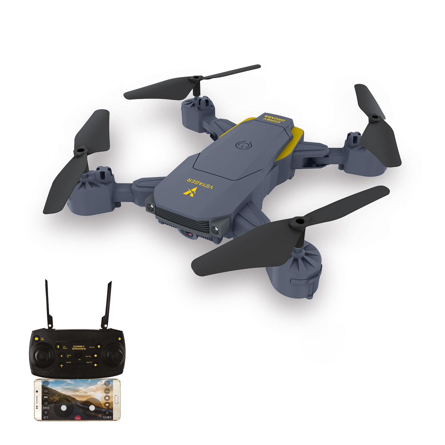 Pervaneli gri ve sarı drone. Uzaktan kumanda ve bir telefon da çerçevede.