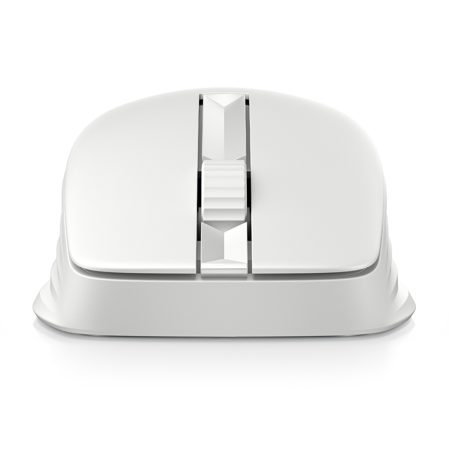 Un mouse bianco, vista dall'alto, su una superficie bianca.