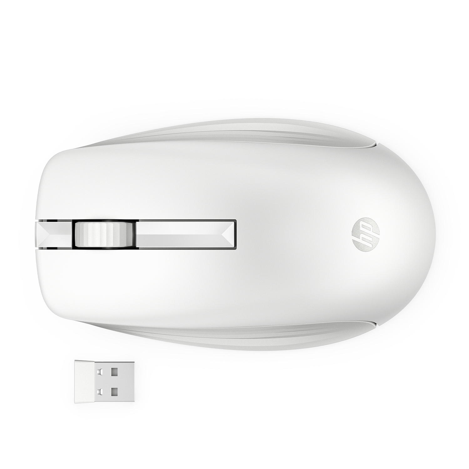 Un mouse per computer bianco con una rotella di scorrimento e il logo HP viene mostrato.