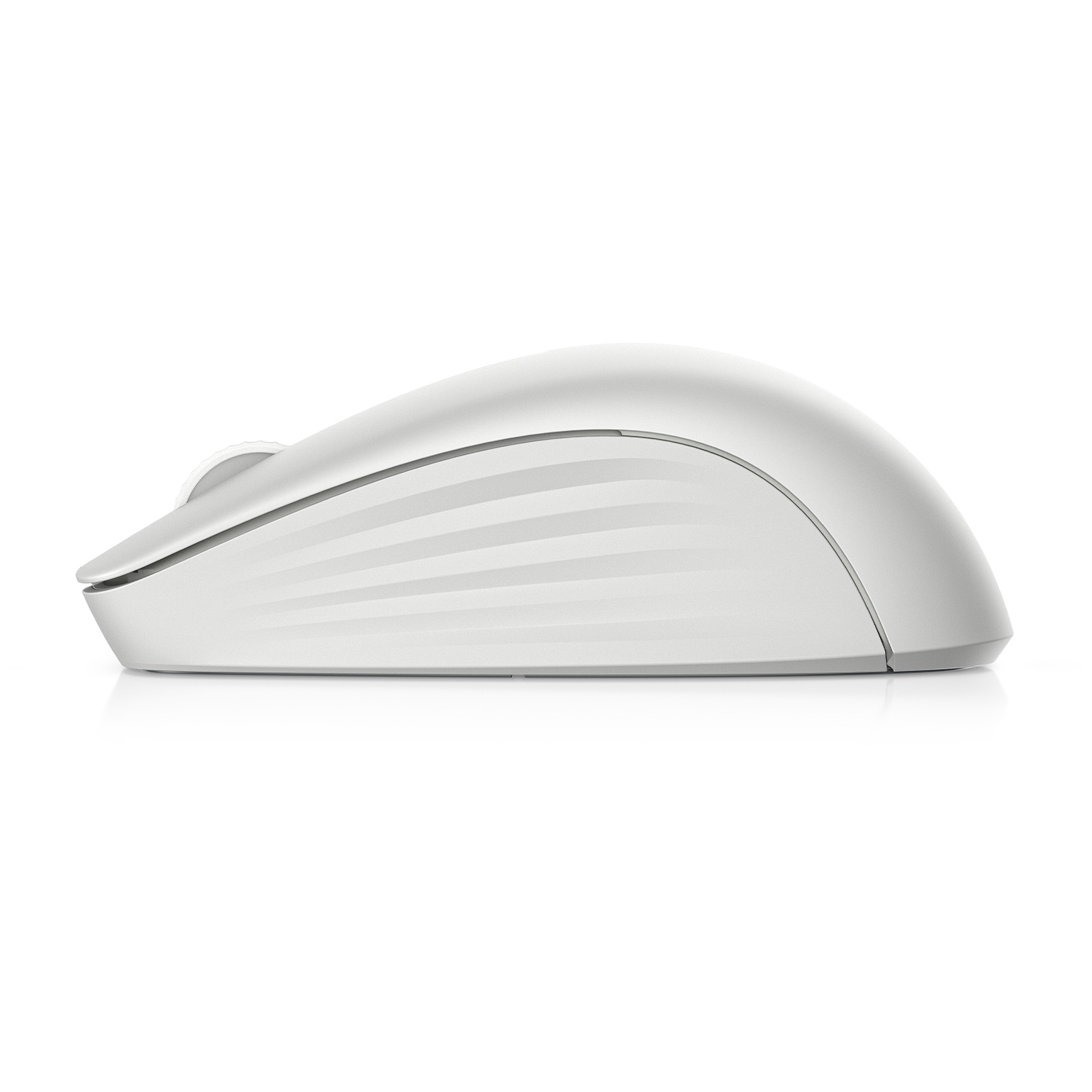 Mouse HP bianco, vista laterale, con sfondo bianco.