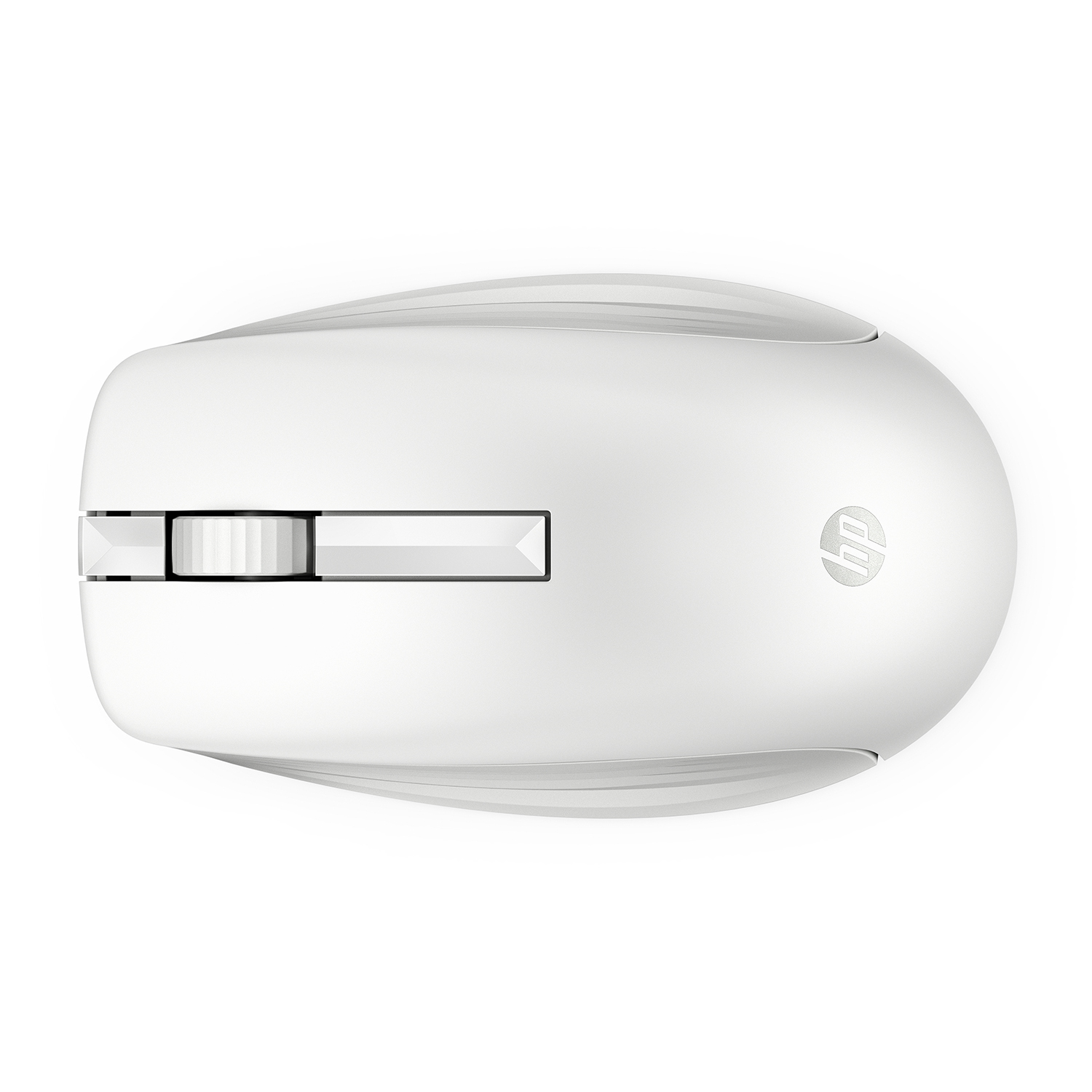 Un mouse per computer HP bianco. Ha una rotella di scorrimento e un logo HP.
